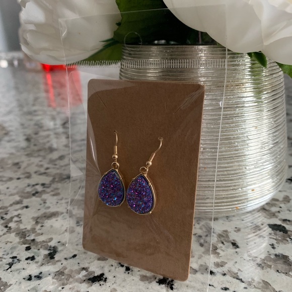 Purple Druzy Tear Drop Dangle Earrings - Picture 6 of 6